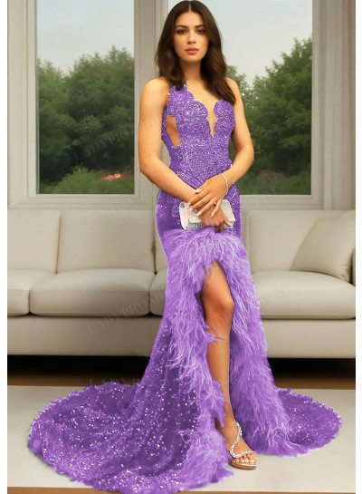 Lilac Sequins High Slit Prom Dress with Feathers