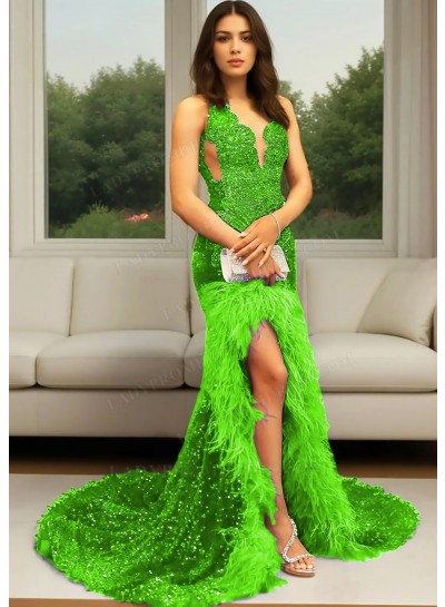 Lime Green Sequins High Slit Prom Dress with Feathers