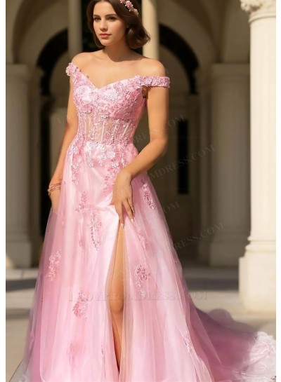 Blushing Pink Off the Shoulder Slit Cutout Waist Prom Dresses with Lace Appliques