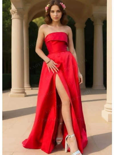 Red Strapless Ball Gown Slit Prom Dresses