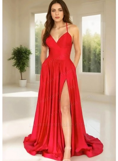 Red A-line Spaghetti Straps Slit Backless Prom Dresses