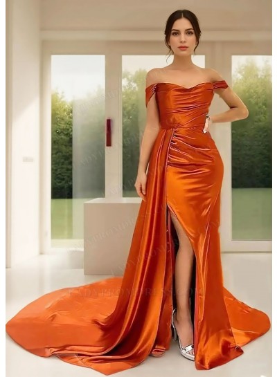 Orange Off Shoulder Side Slit Asymmetric train Prom Dresses with Ruched