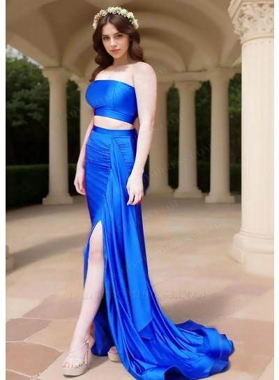 Royal Blue Two Piece Sheath Prom Dresses with Ruched