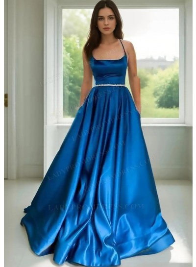 Royal Blue Halter Ball Gown Ruffles Prom Dresses with Beaded Sash