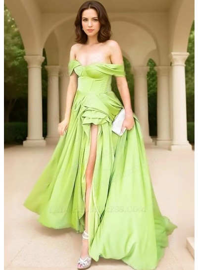 Sage Green A-line Off the Shoulder Prom Dresses with Slit
