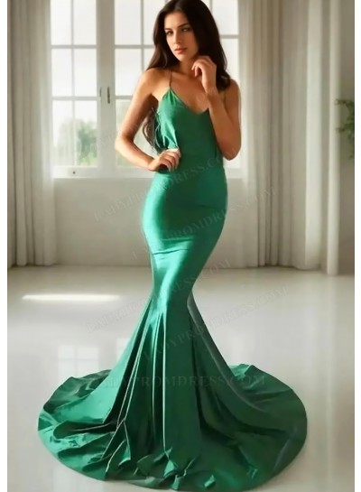 Emerald Spaghetti Straps Mermaid Backless Prom Dresses