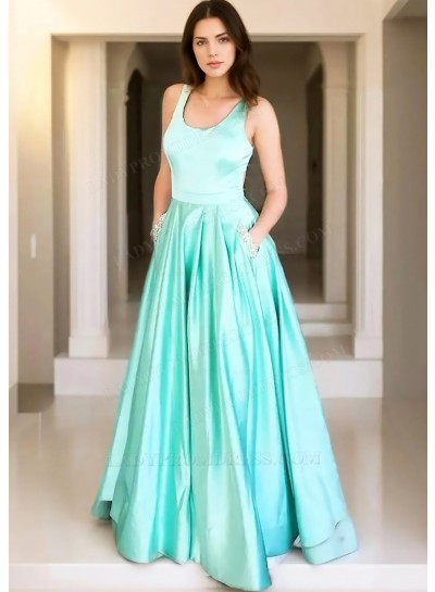 Blue A-line Scoop Neck Prom Dresses