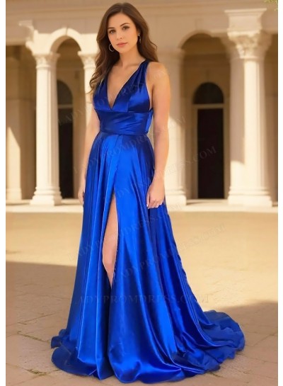 Royal Blue A-line Halter Slit Satin Prom Dresses