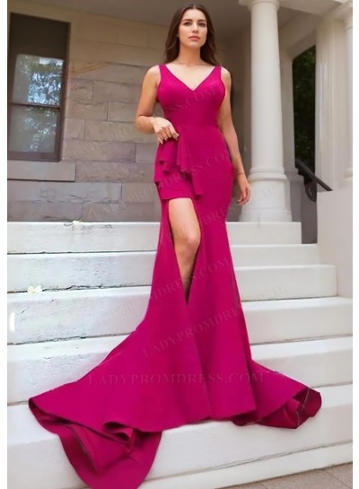 Fuchsia V-neck Sheath Side Slit Prom Dresses