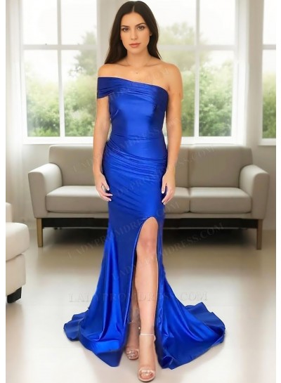 Royal Blue One Off the Shoulder Sheath Side Slit Prom Dresses