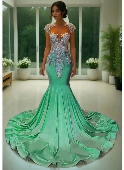 Emerald Appliques Satin Formal Prom Dress with Rhinestone Beaded