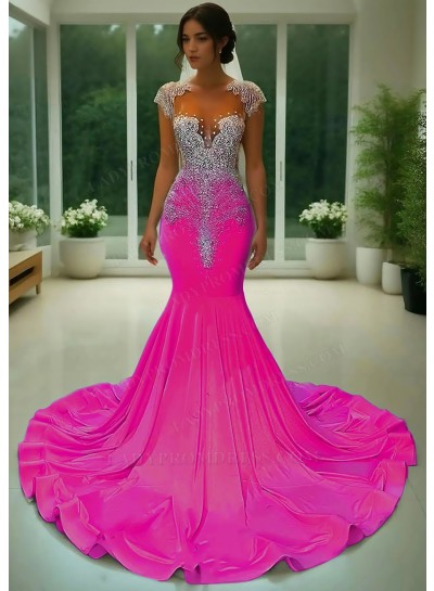 Fuchsia Appliques Satin Formal Prom Dress with Rhinestone Beaded