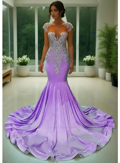 Lilac Appliques Satin Formal Prom Dress with Rhinestone Beaded