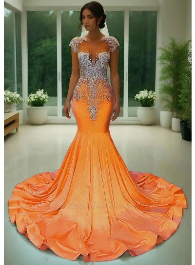 Orange Appliques Satin Formal Prom Dress with Rhinestone Beaded