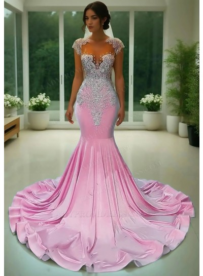 Pale Pink Appliques Satin Formal Prom Dress with Rhinestone Beaded