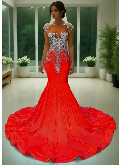 Red Appliques Satin Formal Prom Dress with Rhinestone Beaded