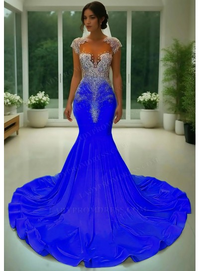 Royal Blue Appliques Satin Formal Prom Dress with Rhinestone Beaded
