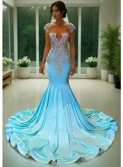 Blue Appliques Satin Formal Prom Dress with Rhinestone Beaded