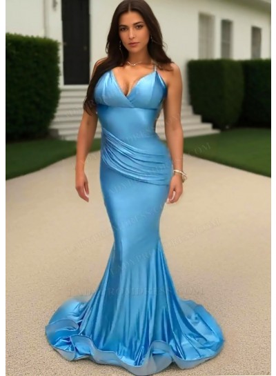 Blue Spaghetti Straps Satin Mermaid Plus Size Prom Dresses with Ruffles