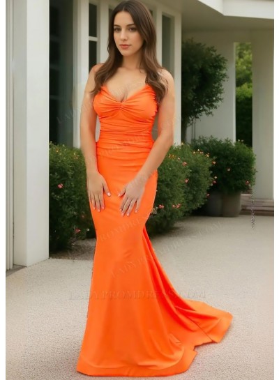 Orange Sheath Spaghetti Straps Prom Dresses with Ruched