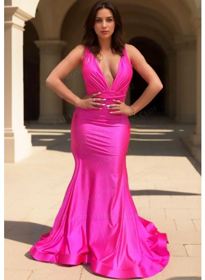 Fuchsia V-neck Sheath Prom Dresses with Ruffles