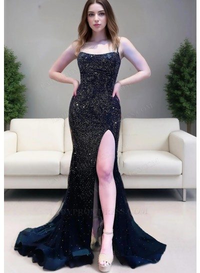 Black Sequins Spaghetti Straps Prom Dresses with Slit