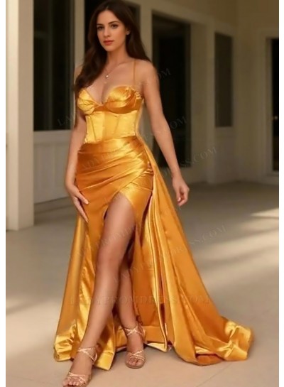 Gold Spaghetti Straps Sweetheart Slit Prom Dresses with Asymmetric train