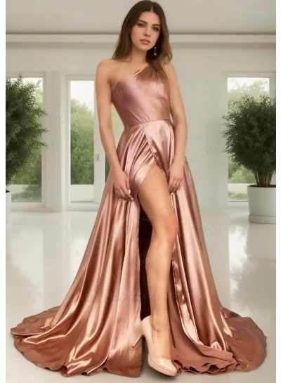 Brown One Shoulder High Slit Satin Prom Dresses