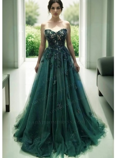 Emerald Sweetheart Ball Gown Tulle Prom Dresses with Appliques