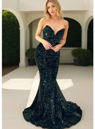 Dark Green Sequins Sweetheart Sleeveless Mermaid Prom Dresses