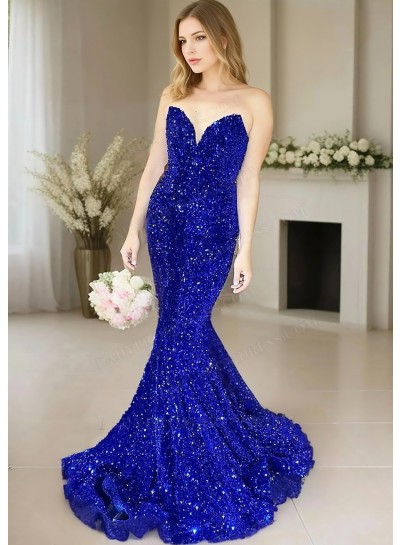 Royal Blue Sequins Sleeveless Sweetheart Mermaid Prom Dresses