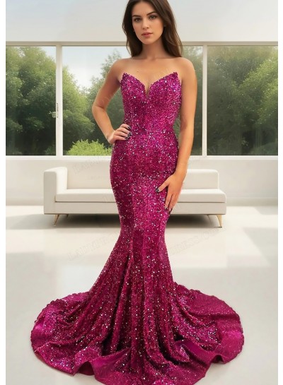 Fuchsia Sequins Strapless Sweetheart Mermaid Prom Dresses