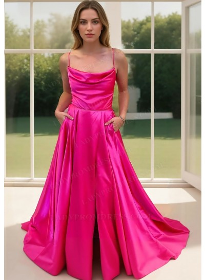 Hot Pink Satin A-Line Spaghetti Straps Prom Dresses with Pockets