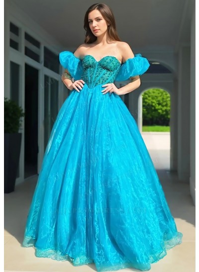 Lake Blue Tulle Ball Gown Sweetheart Corset Bodice Puffy Sleeves Prom Dresses