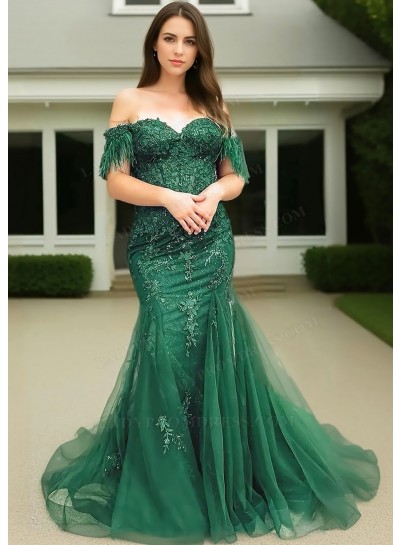 Hunter Green Lace Off Shoulder Floral Applique Mermaid Prom Dresses