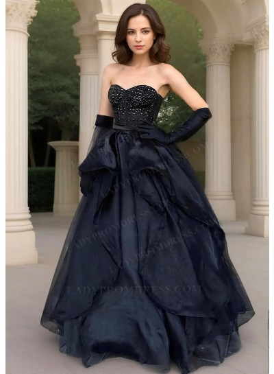 Black Ball Gown Organza Beaded Corset Prom Dresses