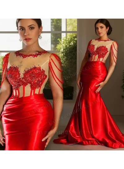 Red Satin Cutout Sleeveless Mermaid Prom Dresses with Beaded