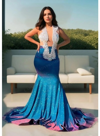 Blue Gradient Sparkling Sequins Mermaid Prom Dresses with Beaded