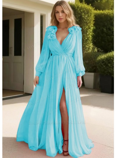Blue Tulle Long Sleeve Deep V-neck Prom Dresses