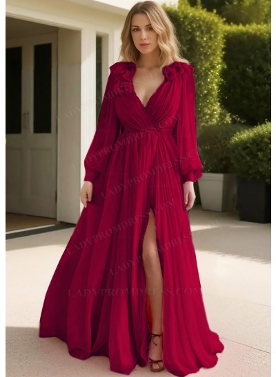 Burgundy Tulle Long Sleeve Deep V-neck Prom Dresses