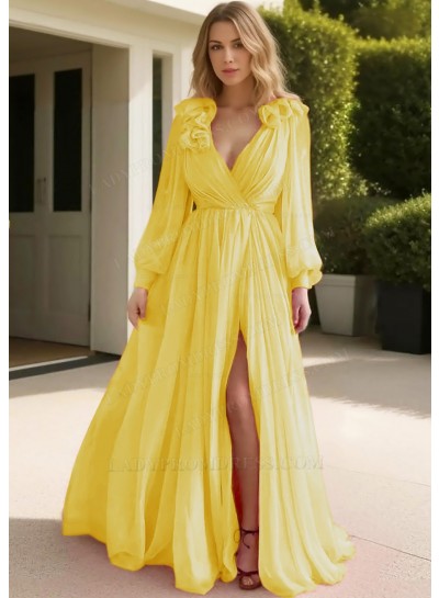 Daffodil Tulle Long Sleeve Deep V-neck Prom Dresses