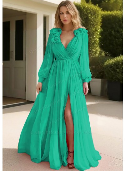Emerald Tulle Long Sleeve Deep V-neck Prom Dresses