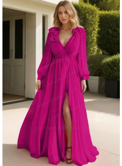 Fuchsia Tulle Long Sleeve Deep V-neck Prom Dresses