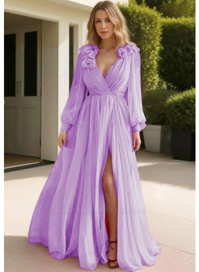 Lilac Tulle Long Sleeve Deep V-neck Prom Dresses