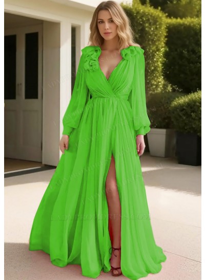 Lime Green Tulle Long Sleeve Deep V-neck Prom Dresses