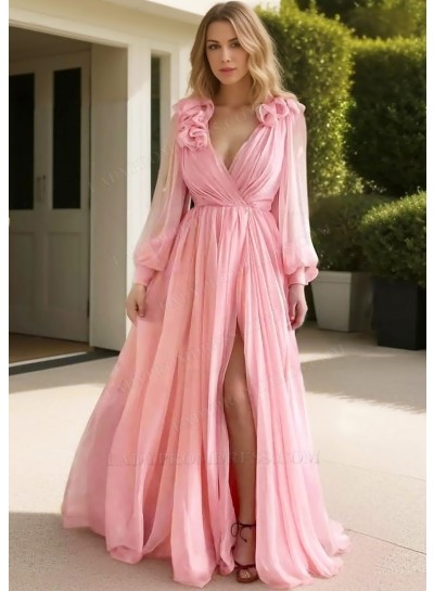 Blushing Pink Tulle Long Sleeve Deep V-neck Prom Dresses