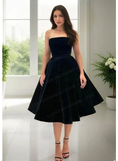 Black Ball Gown Tea Length Strapless Satin Party Cocktail Dresses