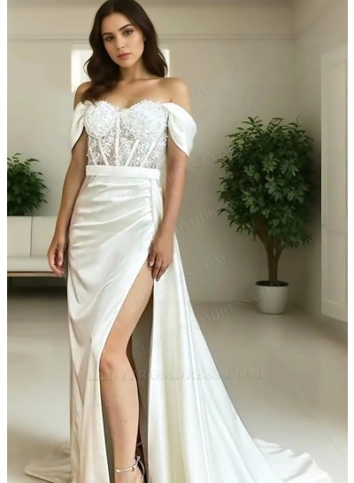 Ivory Satin Off-Shoulder A-line Prom Dresses with Lace Appliques