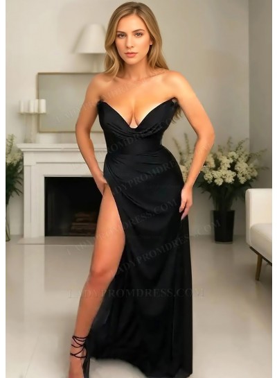 Black Satin Strapless Side Slit Floor Length Evening Prom Dresses