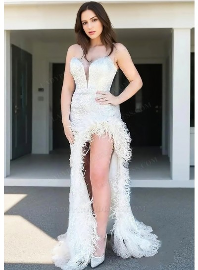White Sheath High Slit Sleeveless Prom Dresses with Feathers Hem